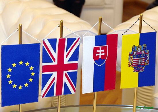 flags of the EU, Great Britain, the Slovak Republic and the City of Košice
